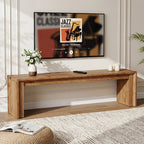 Low solid wood TV bench holding a TV with open shelf storage below