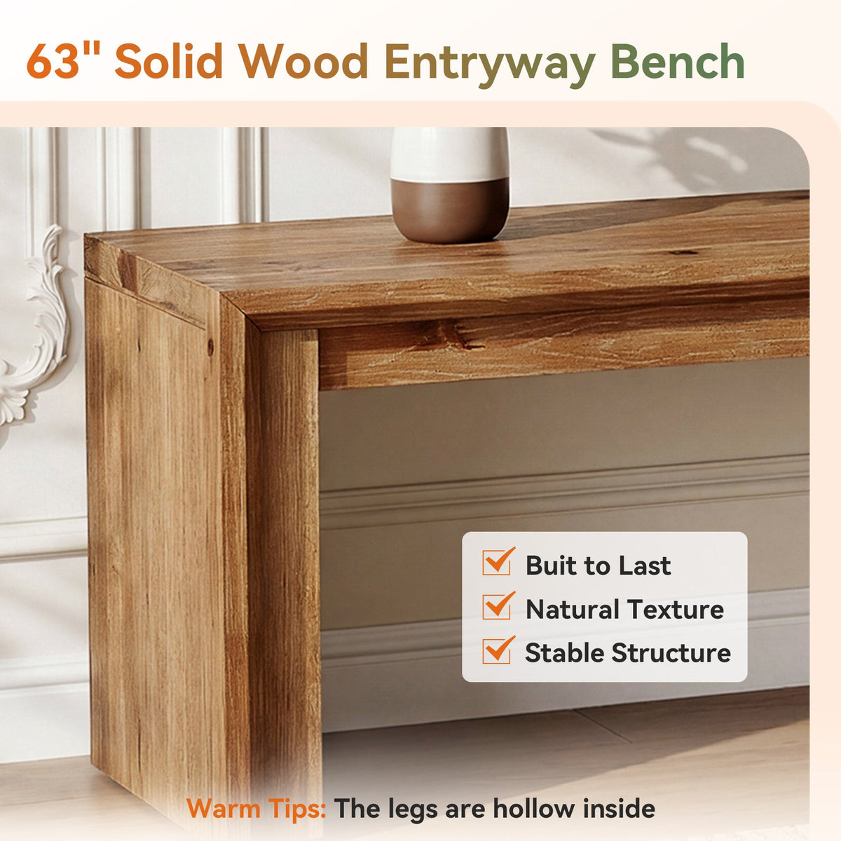 63 inch solid wood bench graphic: built to last, natural texture, stable structure