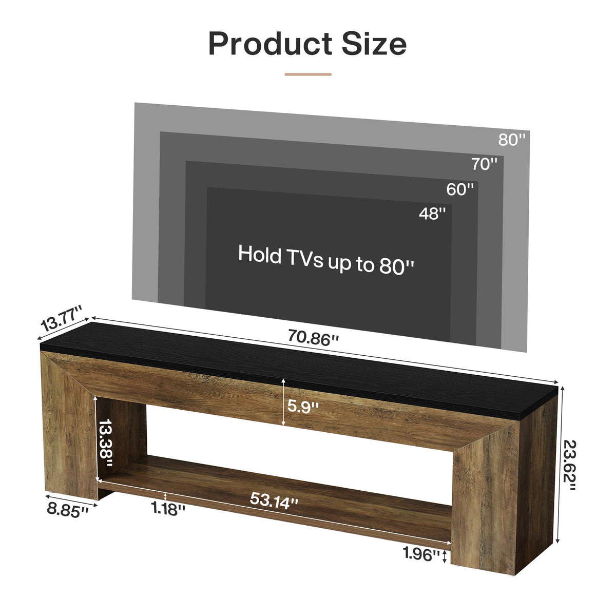 Dimension diagram: 70.86 in long, 13.77 in deep, 23.62 in tall, holds TVs up to 80 in