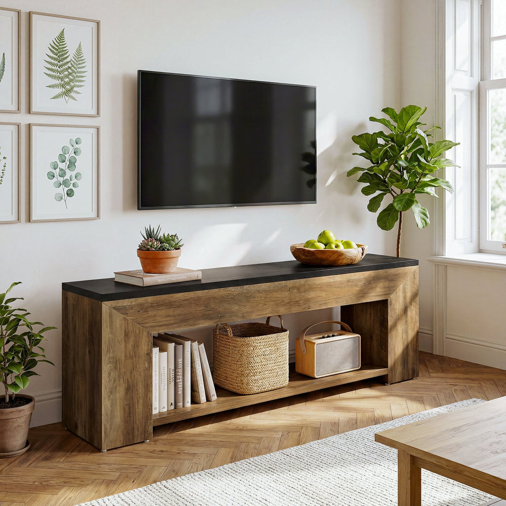 Extra long two-tone TV console under a wall-mounted TV with books and baskets on the shelf