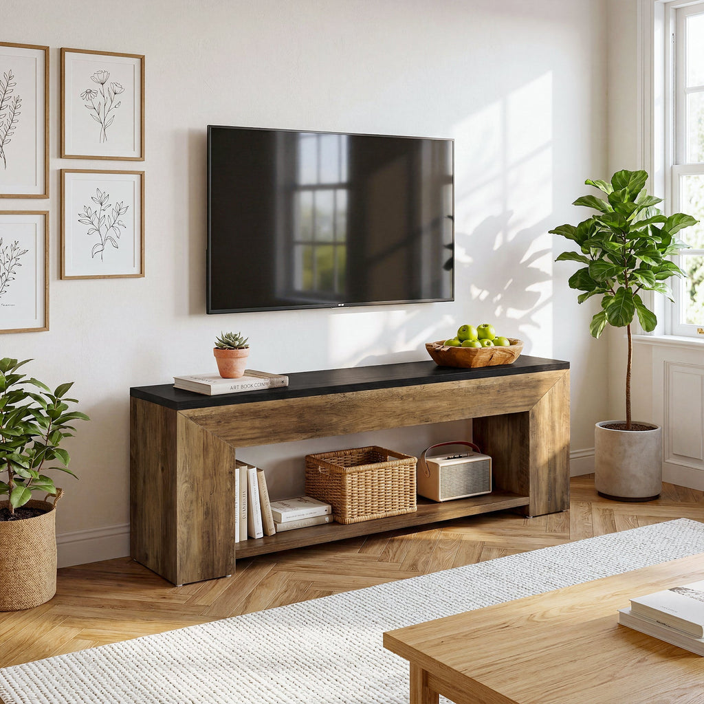 Warm brown TV stand with black top holding a TV and decor in a living room