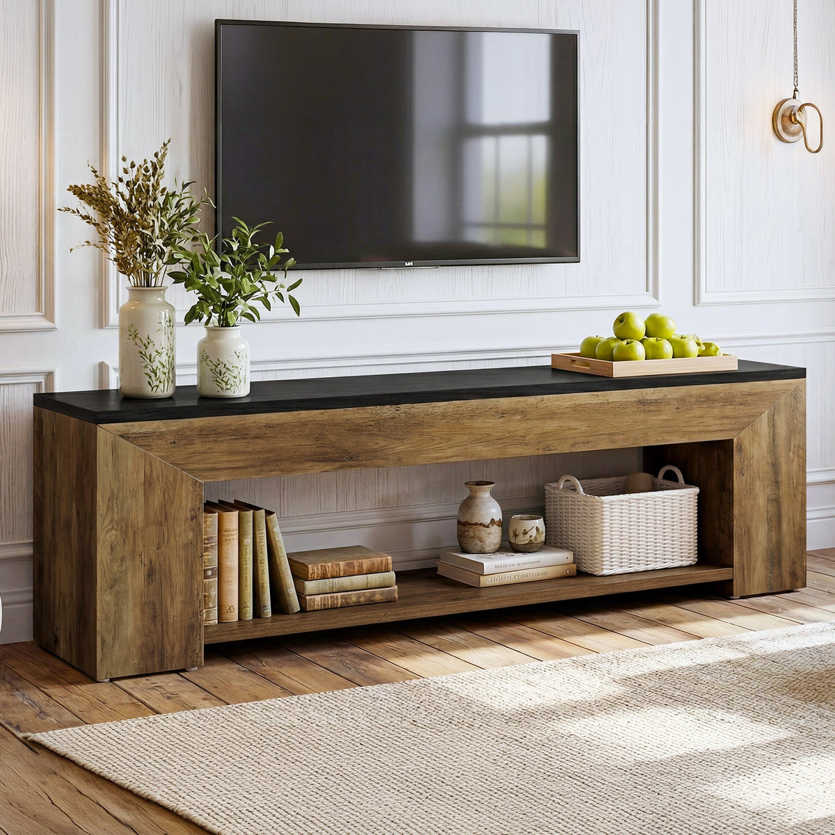 Angled view of the 70.86 inch TV stand showing the two-tone finish