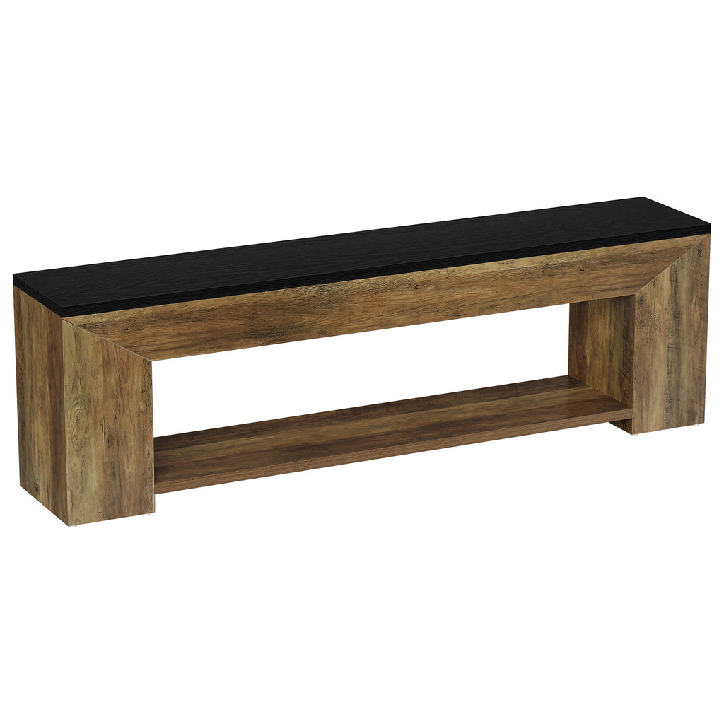 Extra long TV stand on a white background showing the open shelf frame