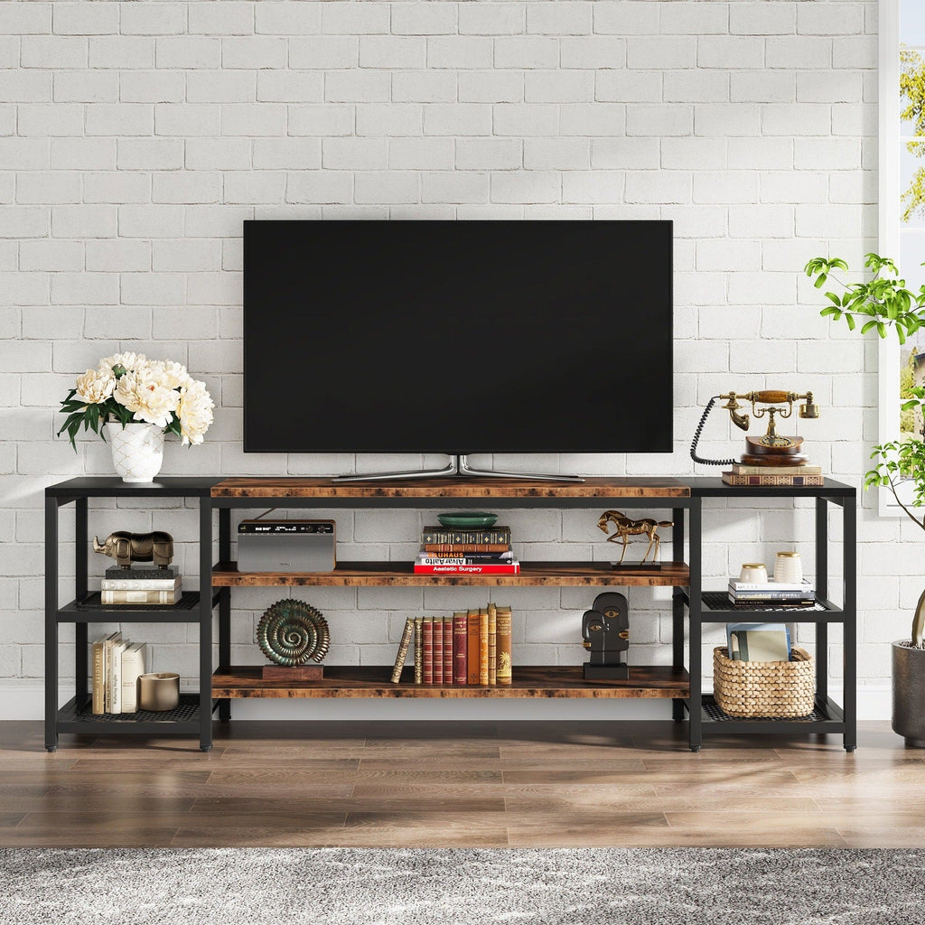 Stowena 78 inch rustic and black TV stand holding a large TV in a living room