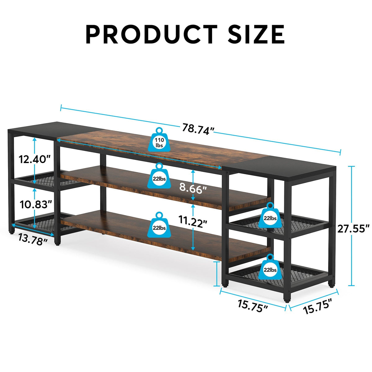 Dimension diagram: 78.74 in wide, 15.75 in deep, 27.55 in tall, 110 lb top, 22 lb per shelf