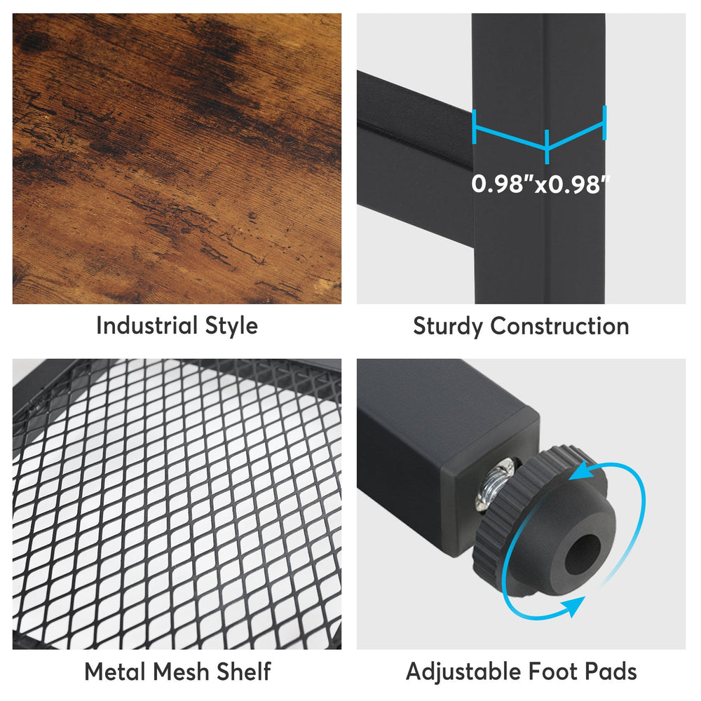 Detail grid: industrial board finish, 0.98 inch steel tube, metal mesh shelf, adjustable foot pads