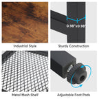 Detail grid: industrial board finish, 0.98 inch steel tube, metal mesh shelf, adjustable foot pads