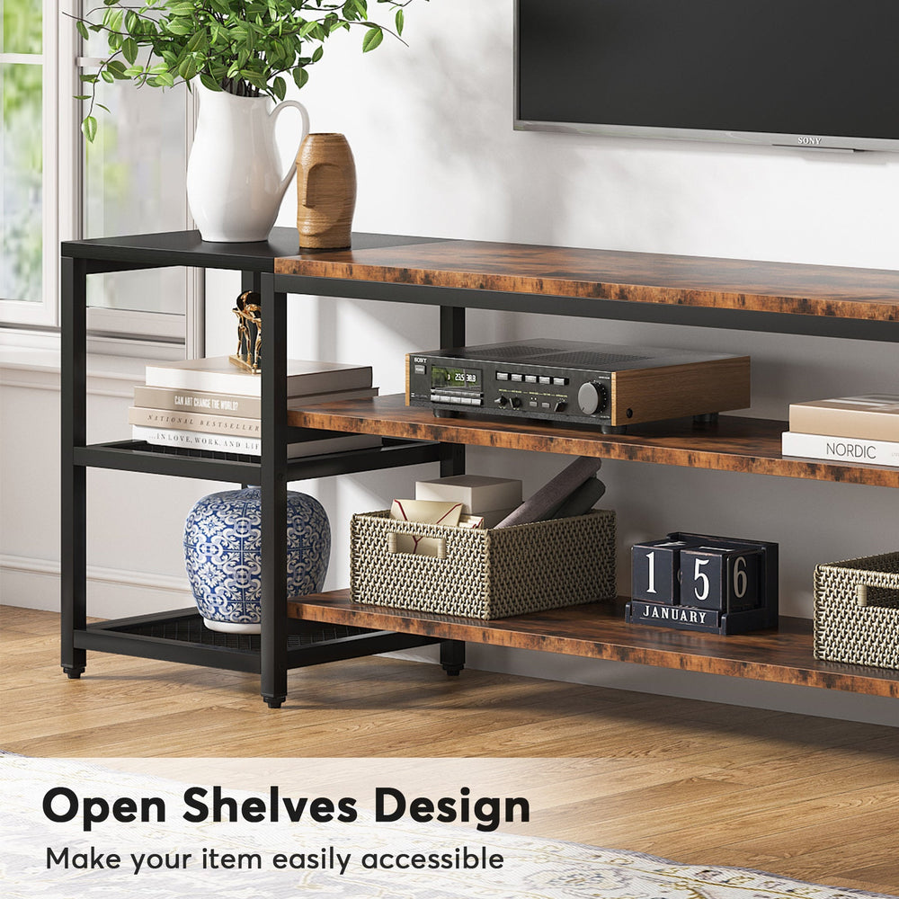 Open shelves holding audio and video components within easy reach