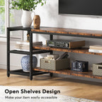 Open shelves holding audio and video components within easy reach