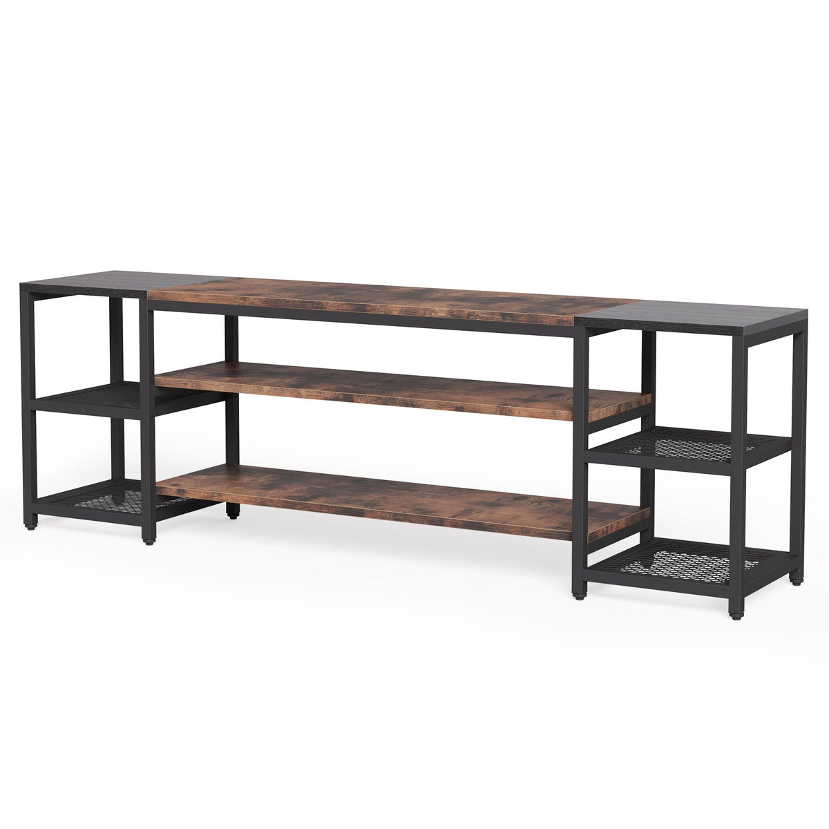 Front view of the 78.74 inch TV stand with three centre shelves and mesh side shelves