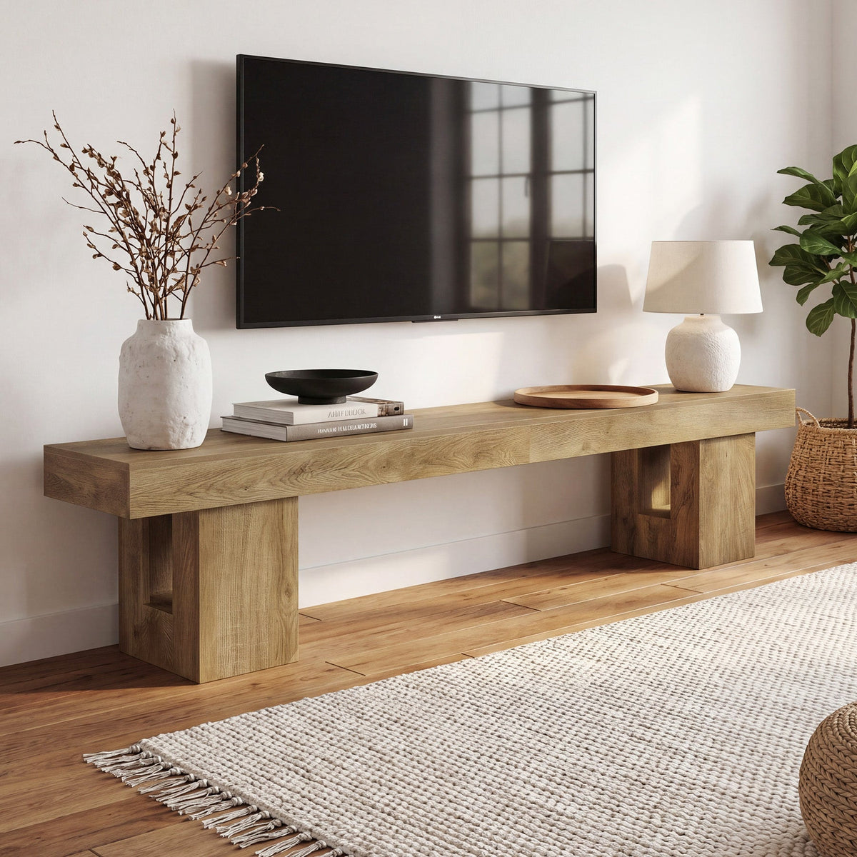 Low rustic media console holding a large TV with a vase and bowl on the slab top