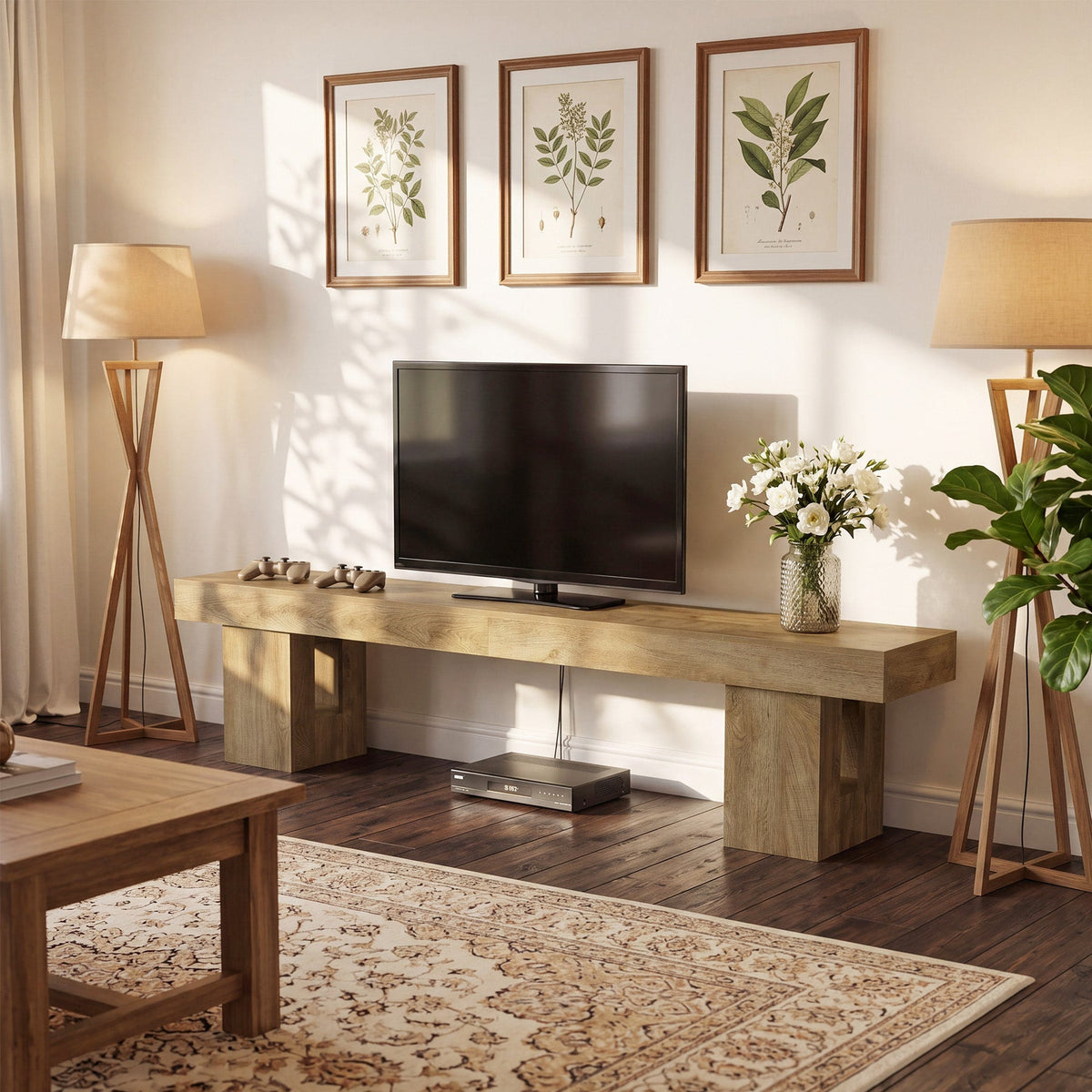 82 inch TV stand under a smaller TV in a gallery-wall living room