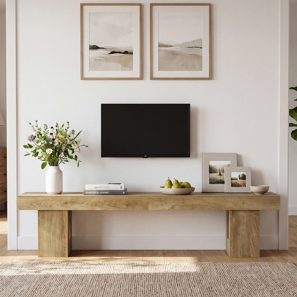 Low block-base TV stand with a small TV and framed art in a bright room