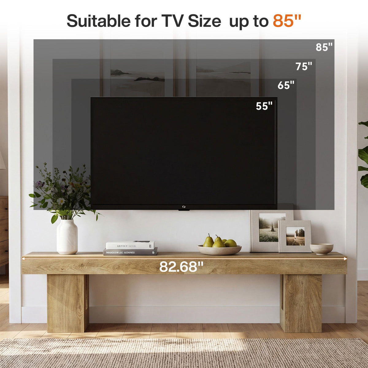 TV size guide graphic: suitable for TV sizes up to 85 inch, shown with 55, 65, 75 and 85 inch outlines