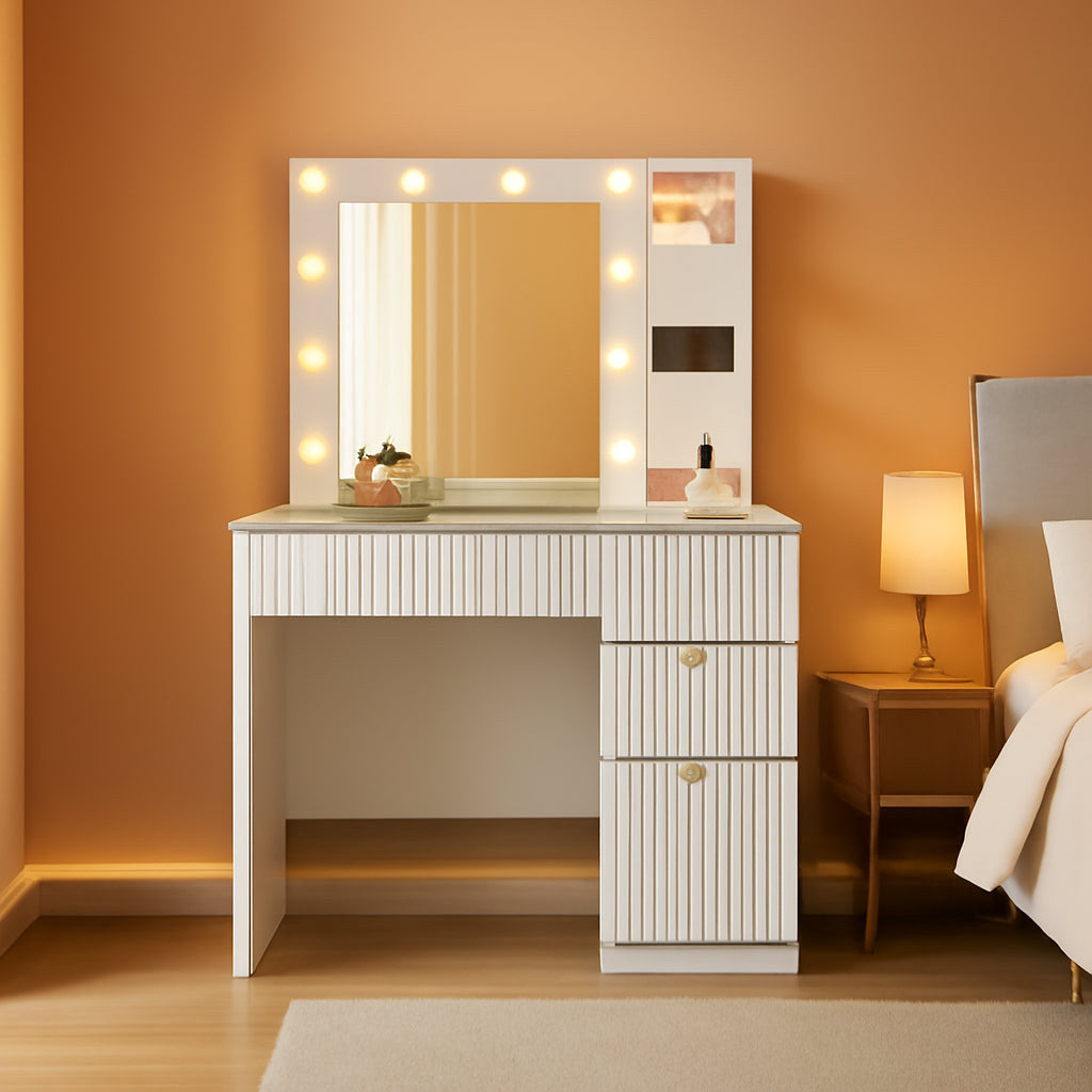Stowena 36 inch white vanity desk with lit LED mirror and gold handles in a bedroom