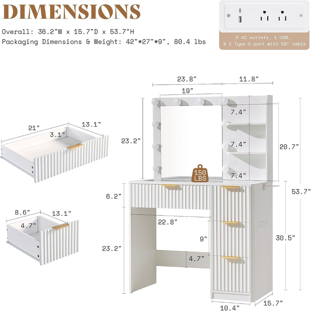 Dimension diagram: 36.2 x 15.7 x 53.7 in, drawer sizes, charging strip with 2 outlets USB and Type-C