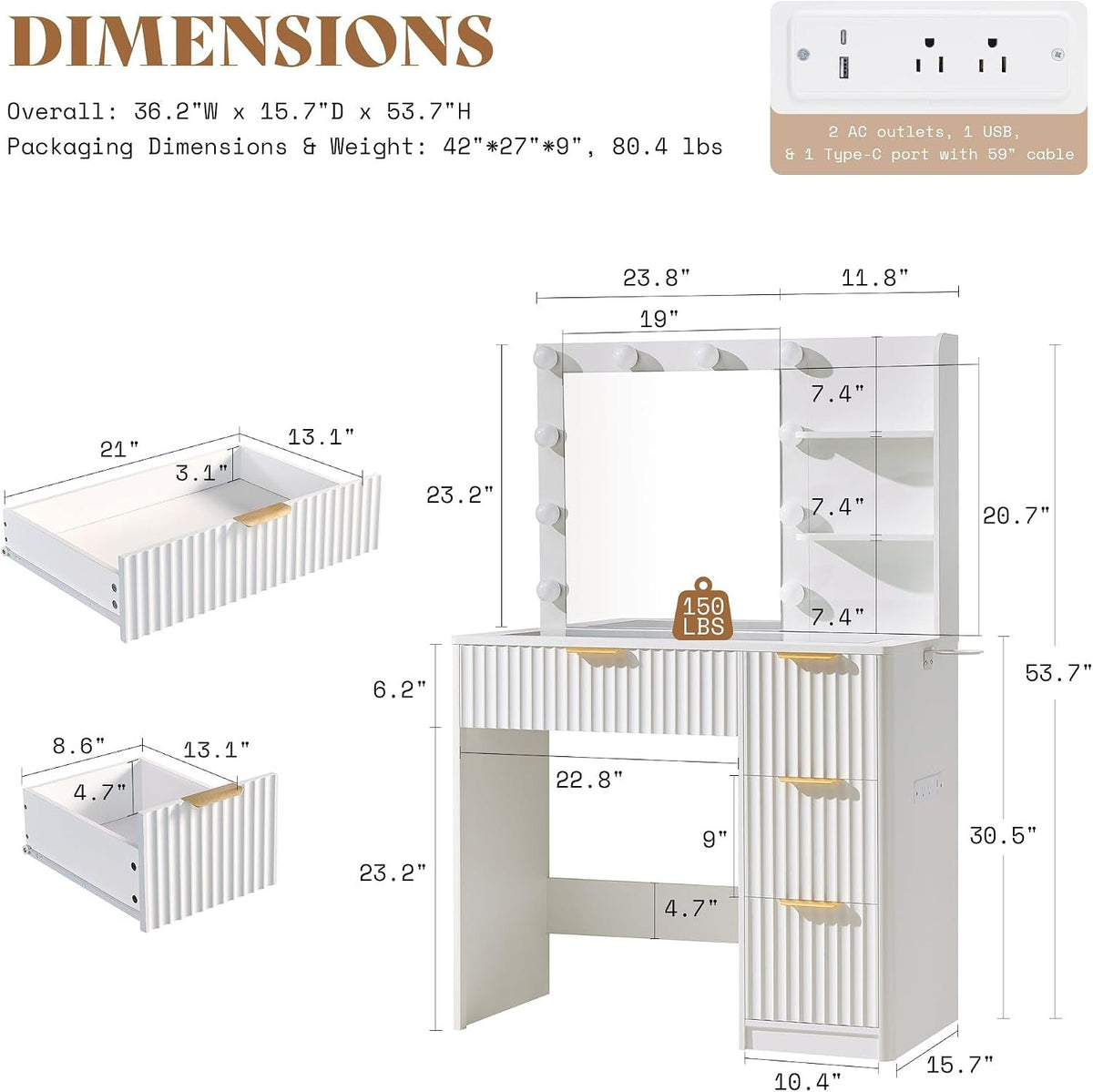Dimension diagram: 36.2 x 15.7 x 53.7 in, drawer sizes, charging strip with 2 outlets USB and Type-C
