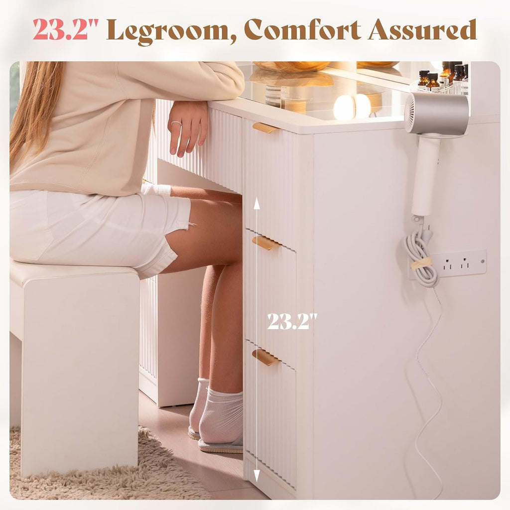 23.2 inch legroom under the vanity desk with a hair dryer plugged into the built-in outlets