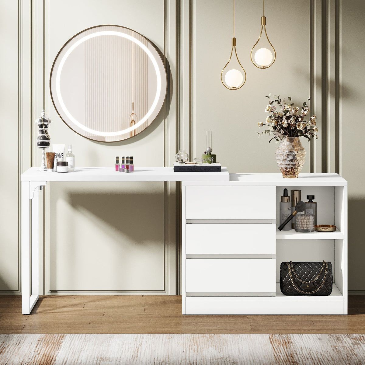 Stowena white makeup vanity with 3 drawers and open storage shelves in a bedroom