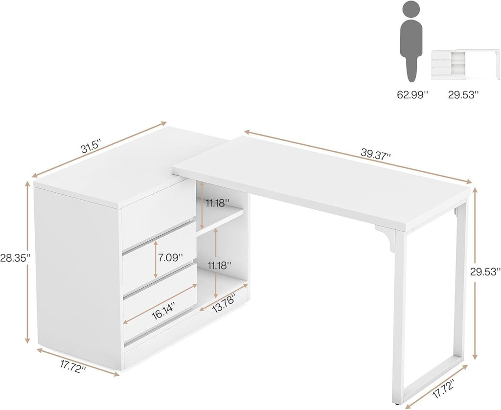 Dimension diagram: 39.37 x 17.72 x 29.53 in, 31.5 in overlapped layout, drawer sizes