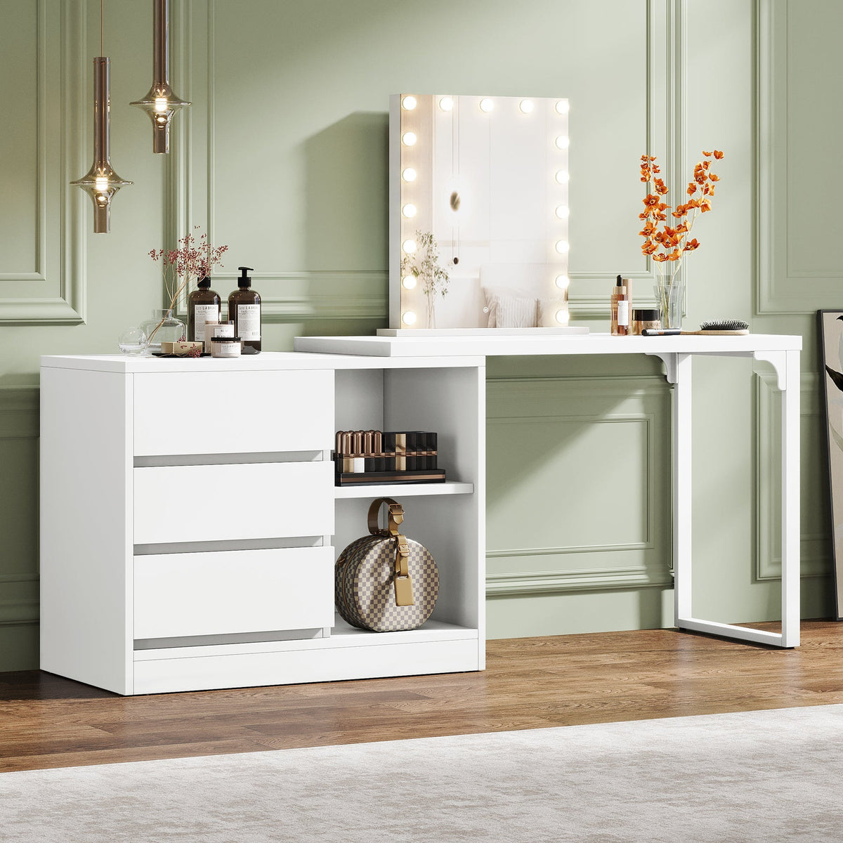 White vanity with three drawers and open side shelves holding bottles and baskets
