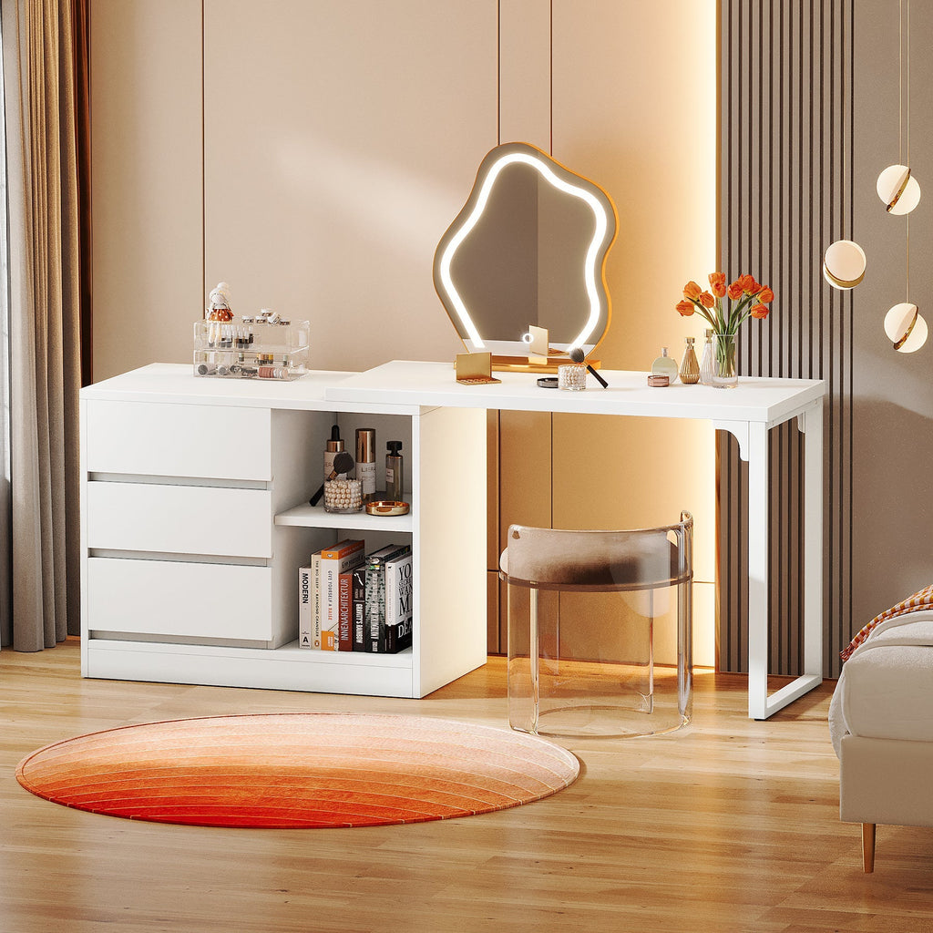 White makeup vanity table with drawers open in a bedroom corner