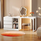 White makeup vanity table with drawers open in a bedroom corner