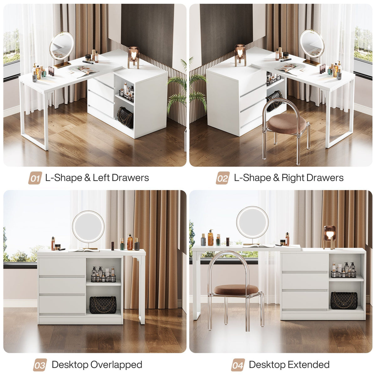 Four layouts: cabinet left, cabinet right, desktop overlapped, desktop extended