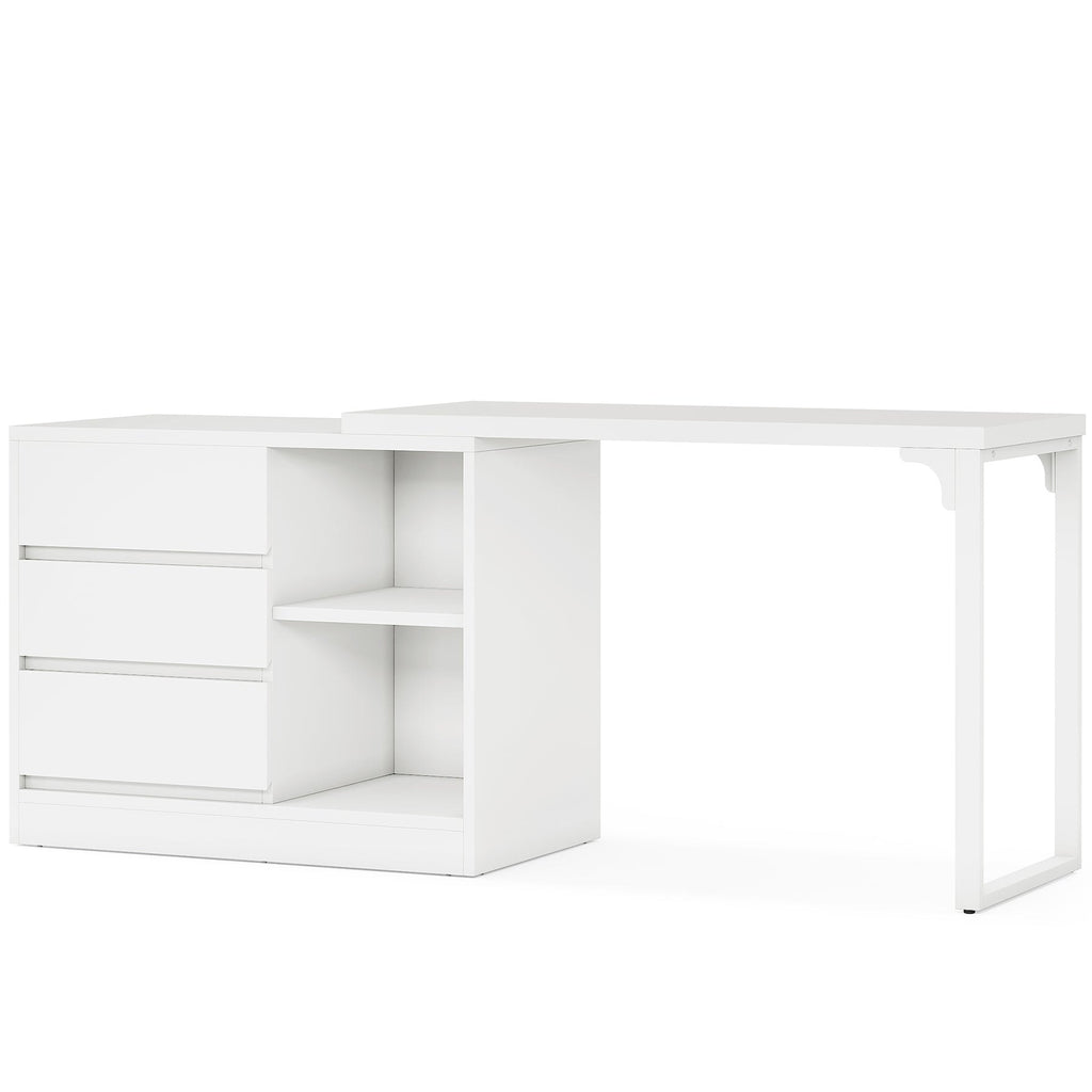 White vanity table and separate three drawer cabinet on a plain background