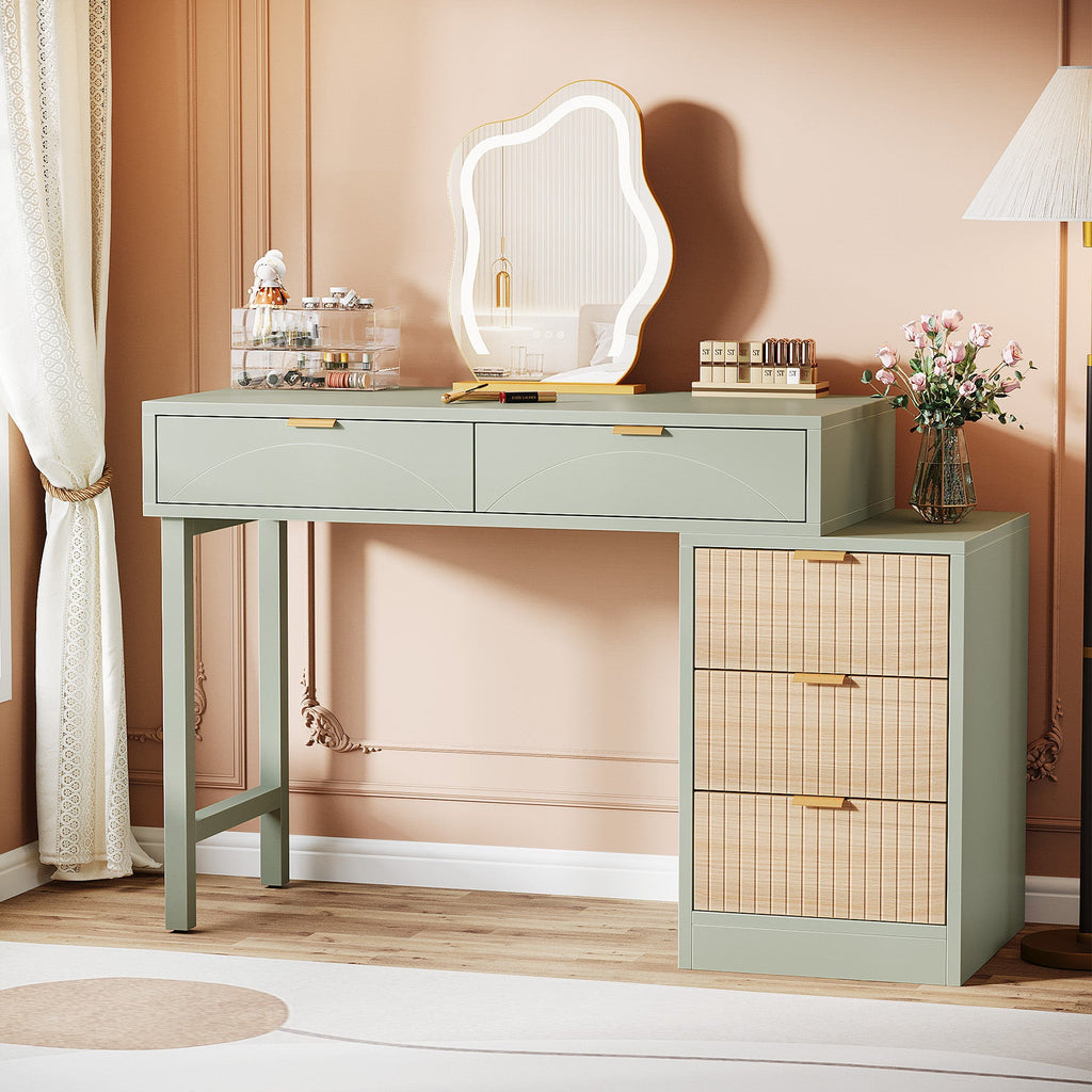 Stowena 55 inch makeup vanity table in mint green with gold handles in a bedroom