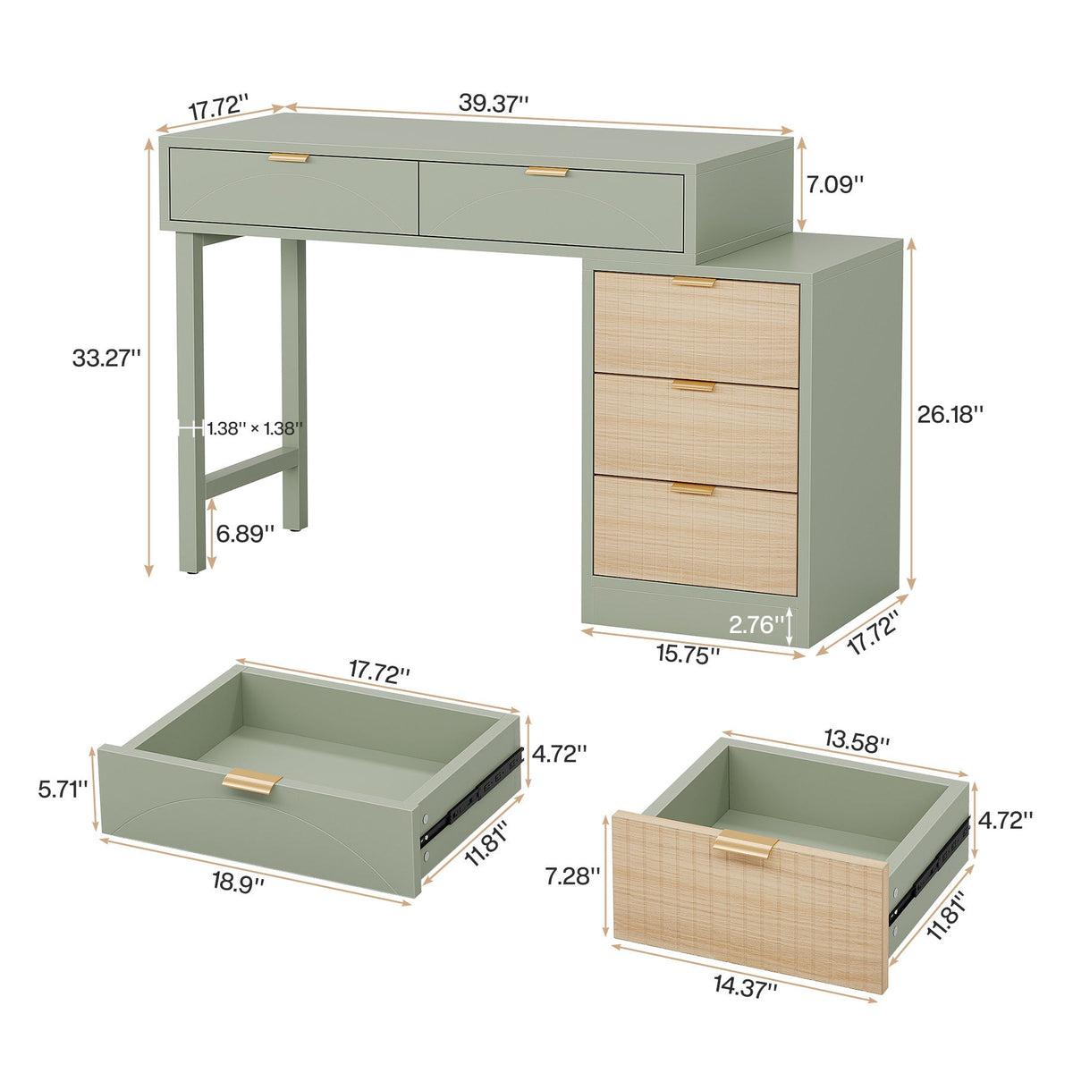 Dimension diagram: 55.11 in wide, 33.27 in tall, cabinet 26.18 in, drawer interiors