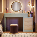 Mint green vanity table with round mirror and velvet stool in a warm bedroom