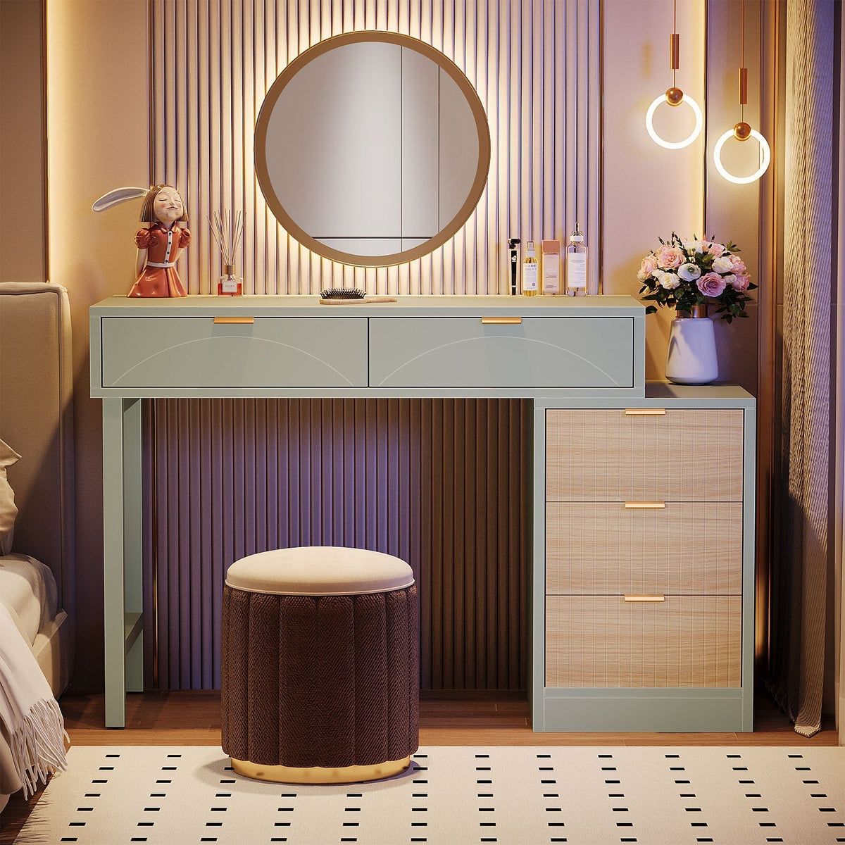 Mint green vanity table with round mirror and velvet stool in a warm bedroom