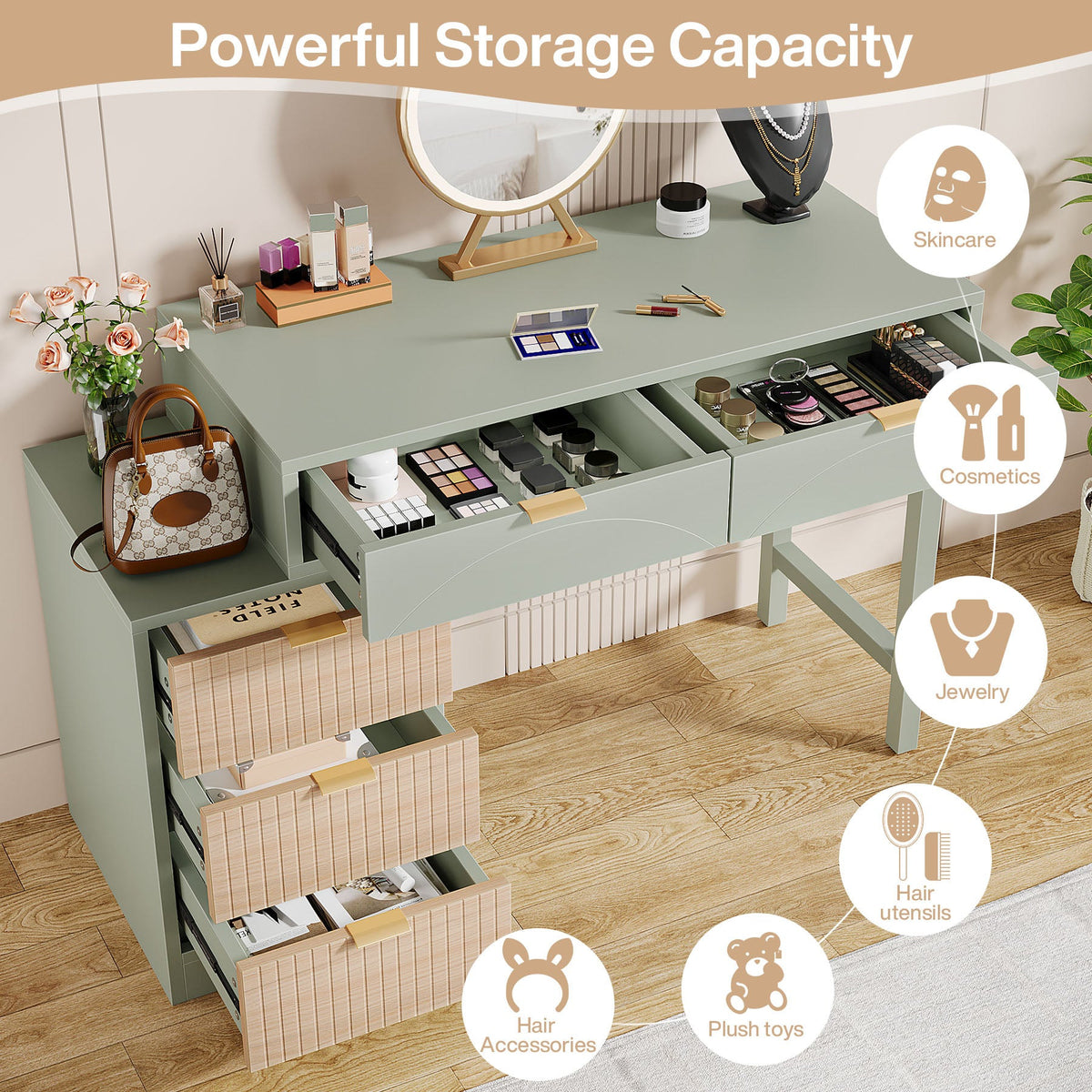 Open drawers showing makeup, jewelry and hair tool storage by category