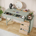 Top drawers open with cosmetics organized inside the mint vanity