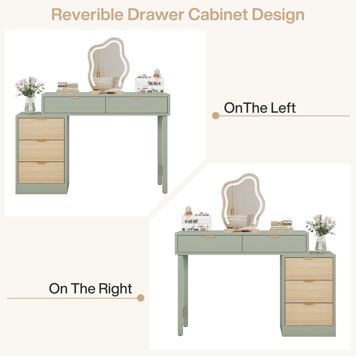 Reversible drawer cabinet diagram: mounts on the left or the right