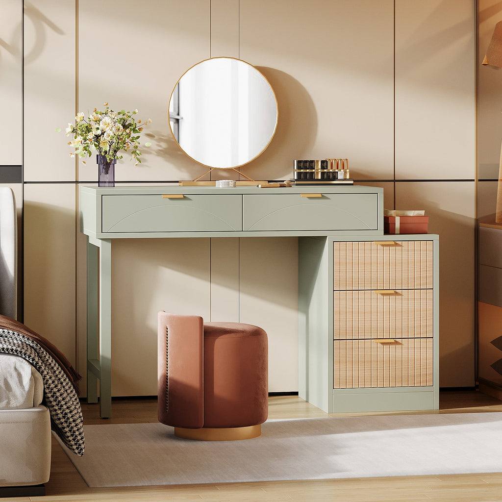 Vanity styled with flowers and perfume beside a bedroom window