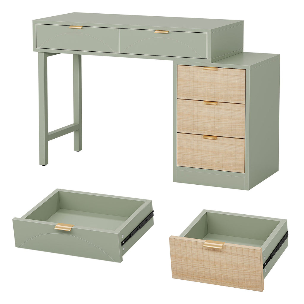 Mint green vanity table with drawers pulled out on a white background