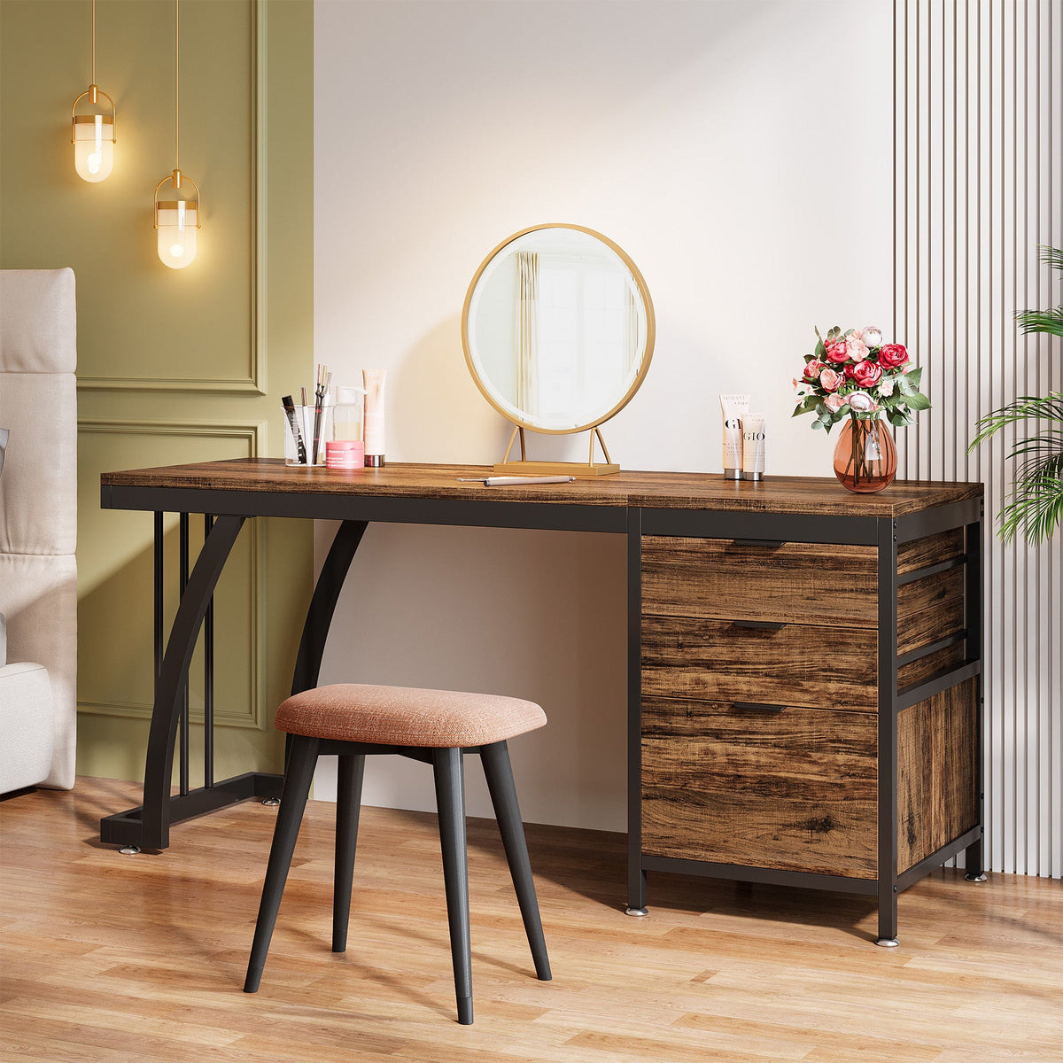 Stowena 59 inch rustic brown vanity desk with three drawers in a bedroom