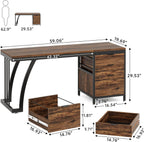 Dimension diagram: 59.06 x 19.69 x 29.53 in, 42.32 in clear desktop, drawer sizes