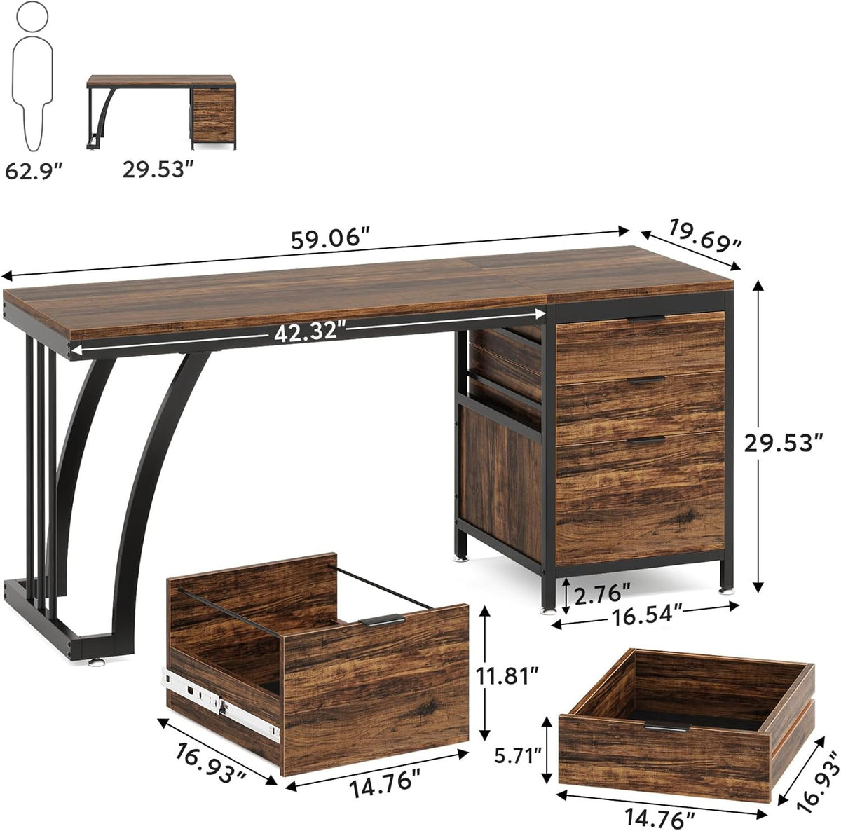 Dimension diagram: 59.06 x 19.69 x 29.53 in, 42.32 in clear desktop, drawer sizes