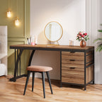 Rustic brown 59 inch vanity desk styled against a bedroom wall