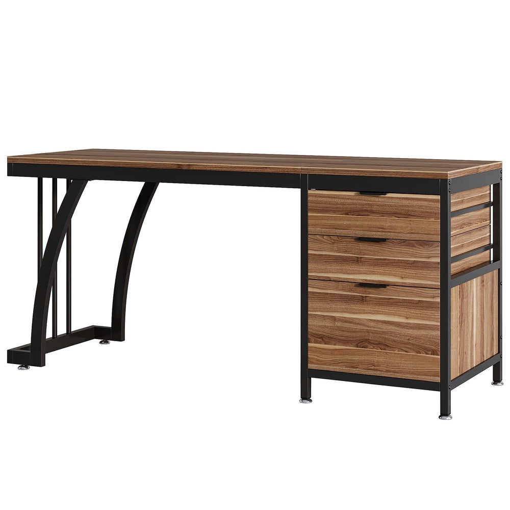 Rustic brown vanity desk with black metal frame on a plain background