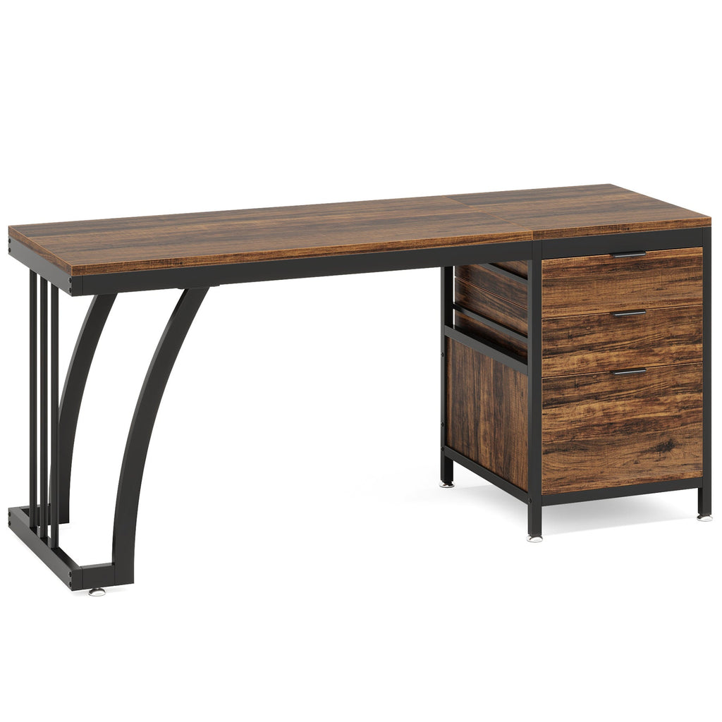 Angled view of the rustic brown desk showing the three drawer bank