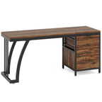 Angled view of the rustic brown desk showing the three drawer bank