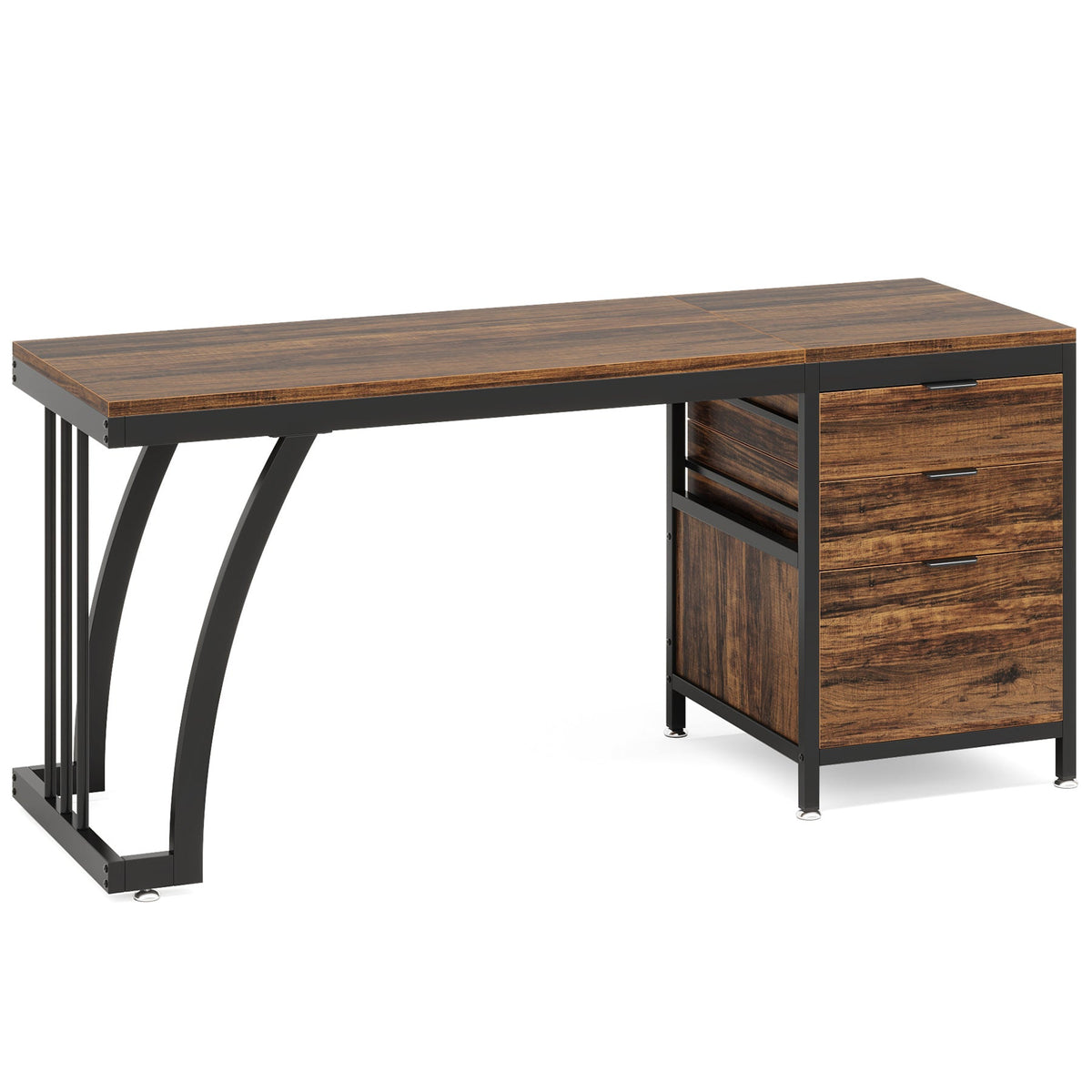 Angled view of the rustic brown desk showing the three drawer bank
