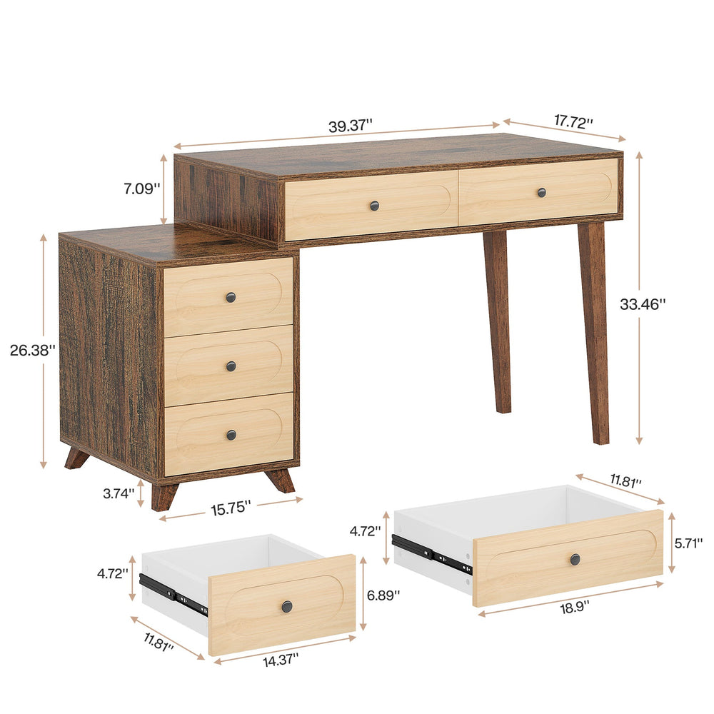 Dimension diagram: 51.18 x 17.72 x 33.46 in overall, 39.37 x 17.72 in tabletop, drawer sizes