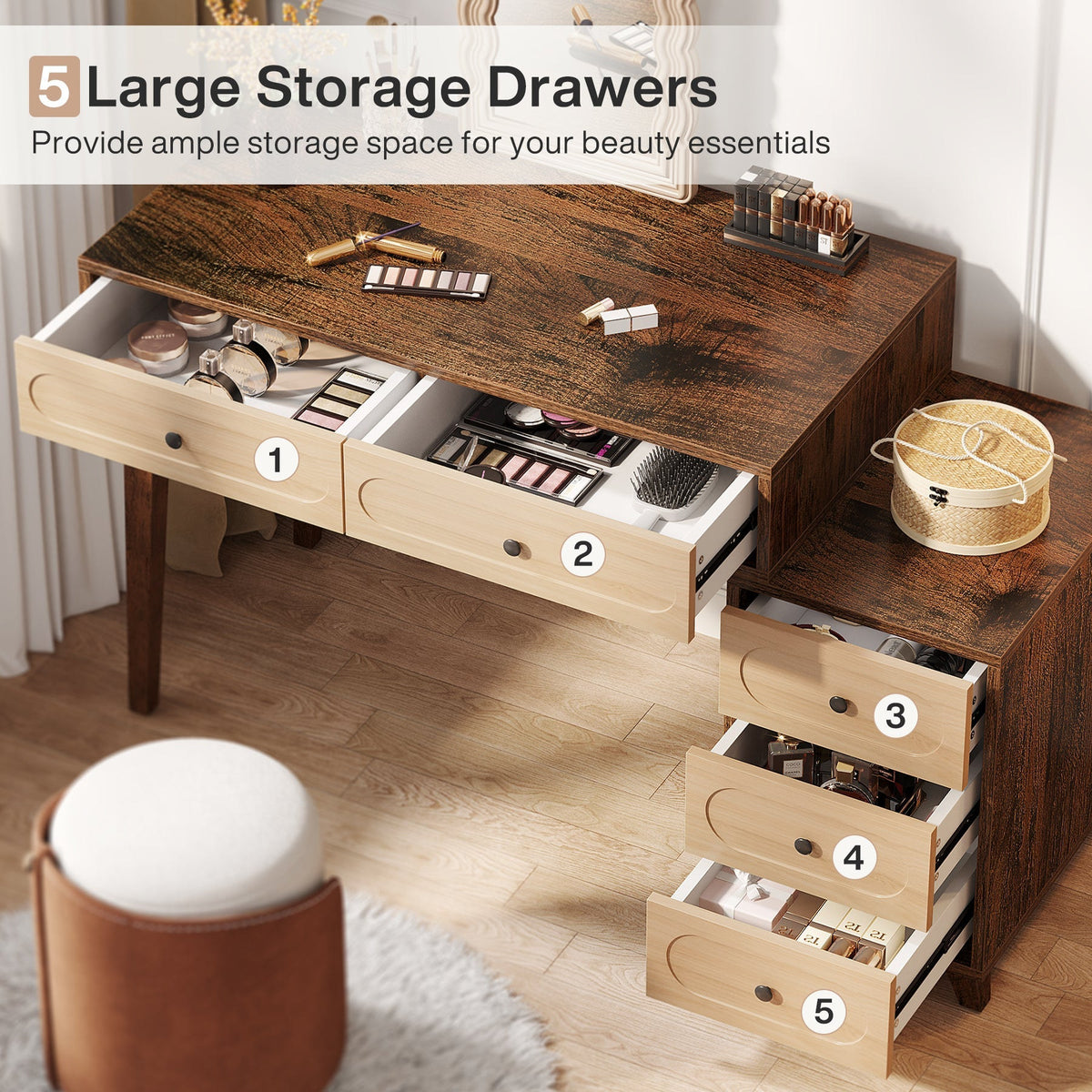 Five drawers numbered 1 to 5 open, showing storage for brushes and palettes