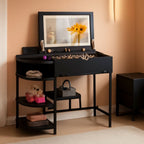 Stowena black vanity desk with lighted flip top mirror open in a bedroom