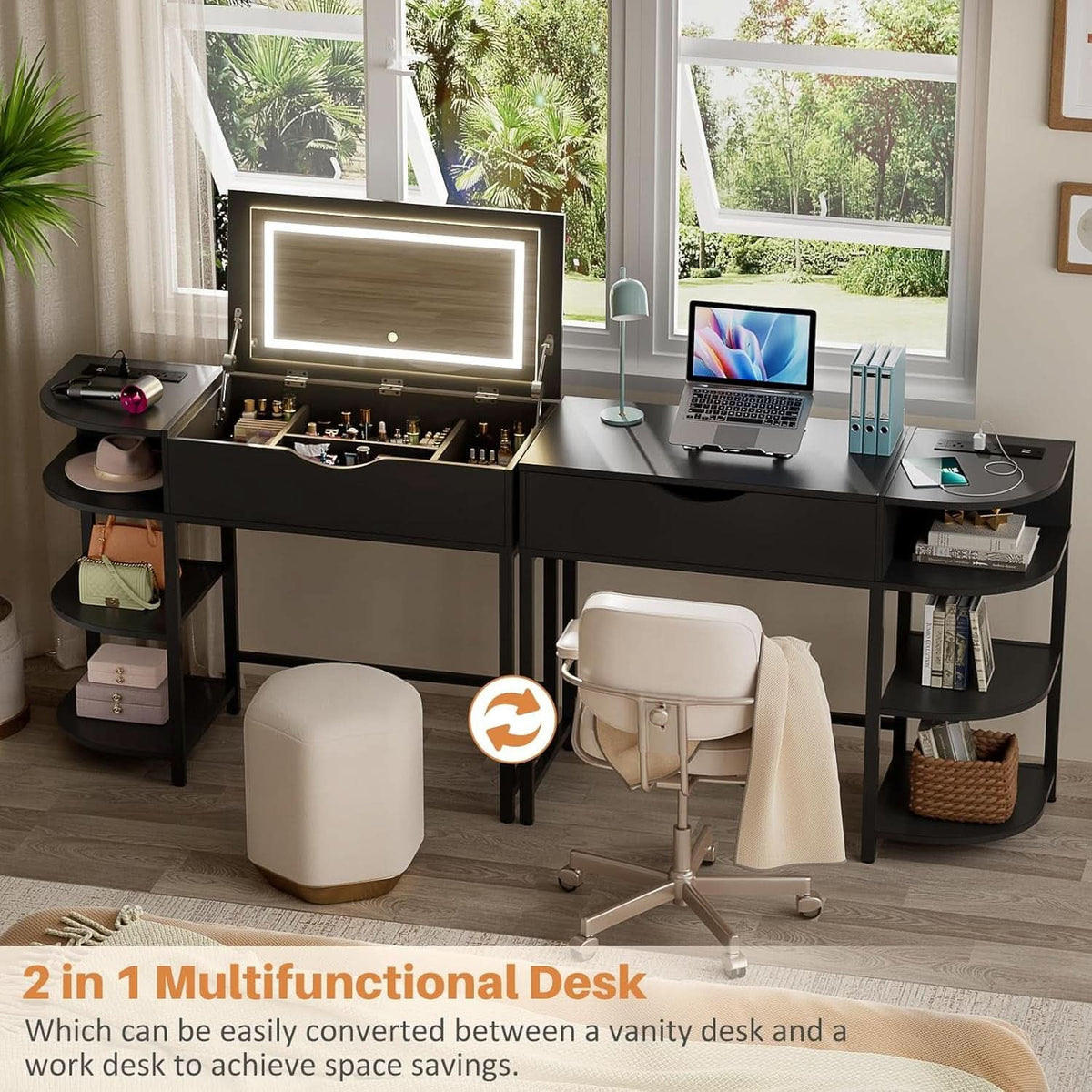 Black vanity desk used as a work desk with the mirror lid closed